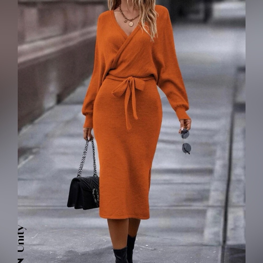 Orange sweater wrap dress